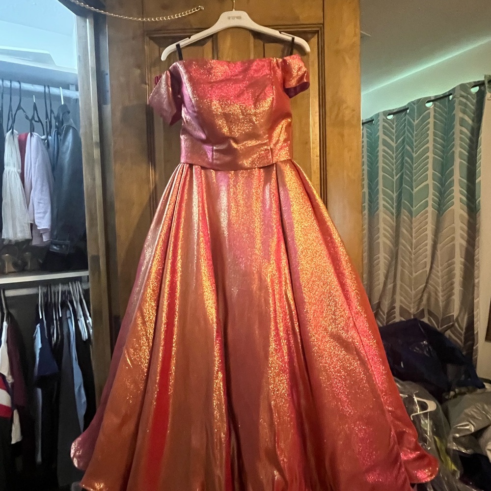 Pink and Gold Off-the-Shoulder Cap Sleeve Prom Gown